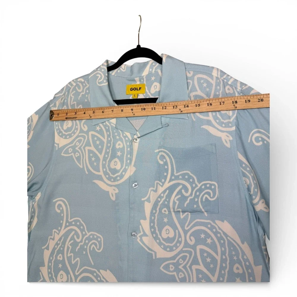 GOLF WANG Paisley Button Up Shirt Men L Light Blue Camp Loop Collar Short Sleeve